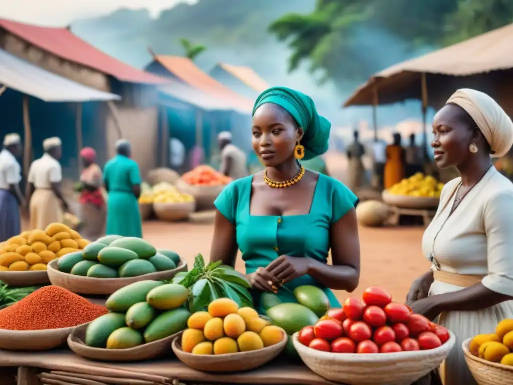 Un vibrante mercado africano mostrando la conservación de alimentos tradicionales y la mezcla de tradiciones en África