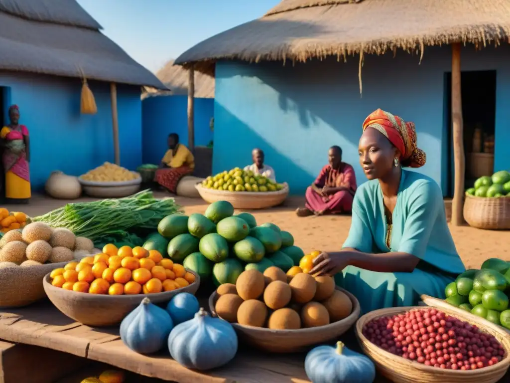 Un vibrante mercado africano con alimentos coloridos en cestas y mesas de madera, vendedores locales y clientes