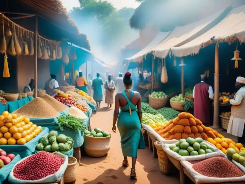 Vibrante mercado africano antiguo con frutas, verduras y especias exóticas