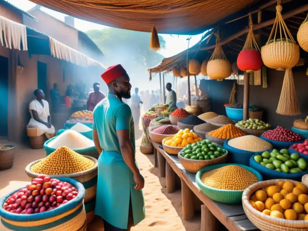 Un vibrante mercado africano antiguo rebosante de gastronomía en los antiguos reinos del sur de África