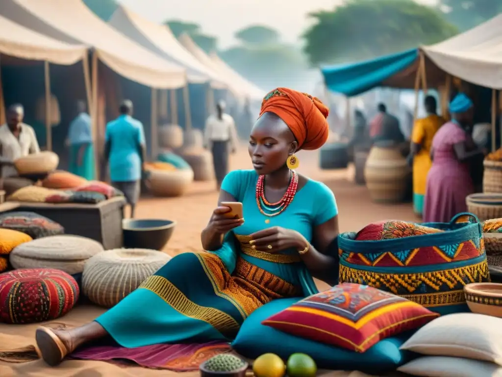 Un vibrante mercado africano fusionando lo antiguo y lo moderno: Influencia civilizaciones africanas economía digital