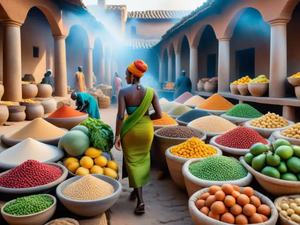 Vibrante mercado africano antiguo con alimentos clave: Importancia arqueobotánica alimentación civilizaciones africanas