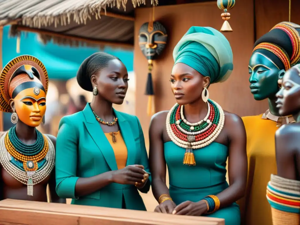 Un vibrante mercado africano con artesanos tallando escultura gigante fusionando antiguos símbolos africanos y técnicas modernas