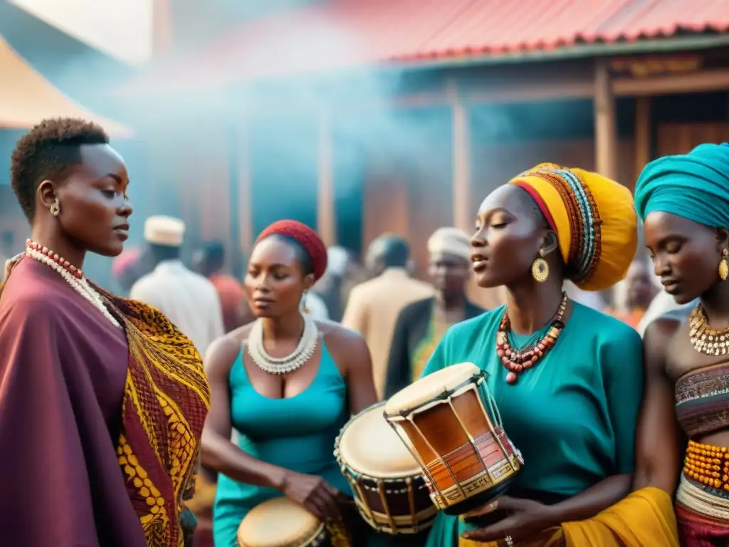 Un vibrante mercado africano con música y baile tradicional, influencia música africana en mundo