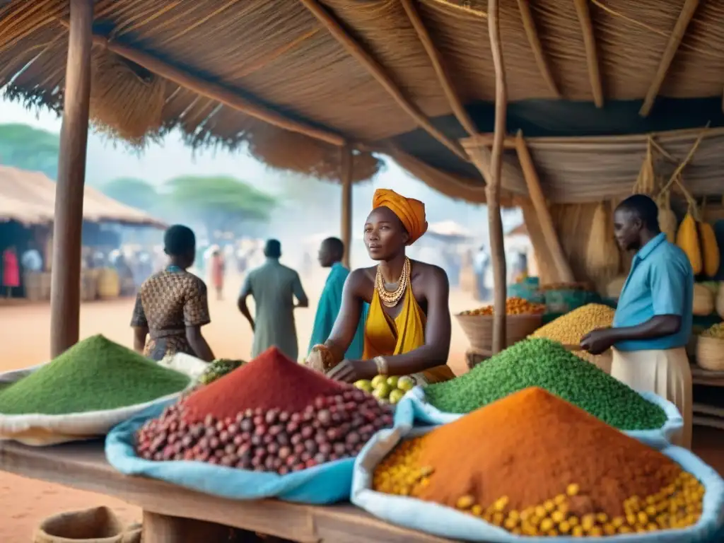 Vibrante mercado africano con baobabs y hojas de moringa, vendedores locales en animadas conversaciones