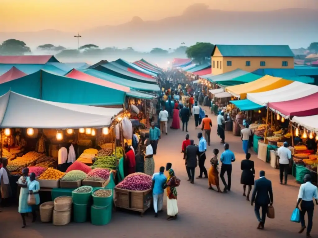 Vibrante mercado africano muestra cambios de clase social en África con diversidad de personas y colores