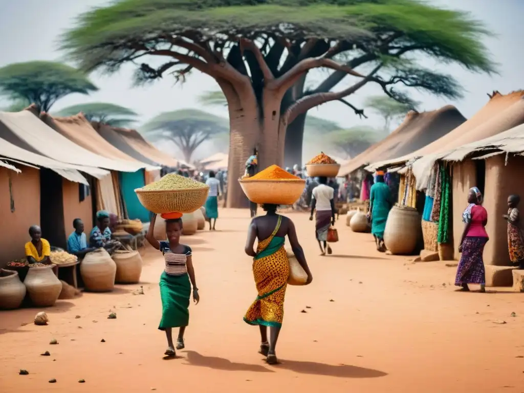 Un vibrante mercado africano en África Central, con colores, tejidos y artesanías, bajo baobabs