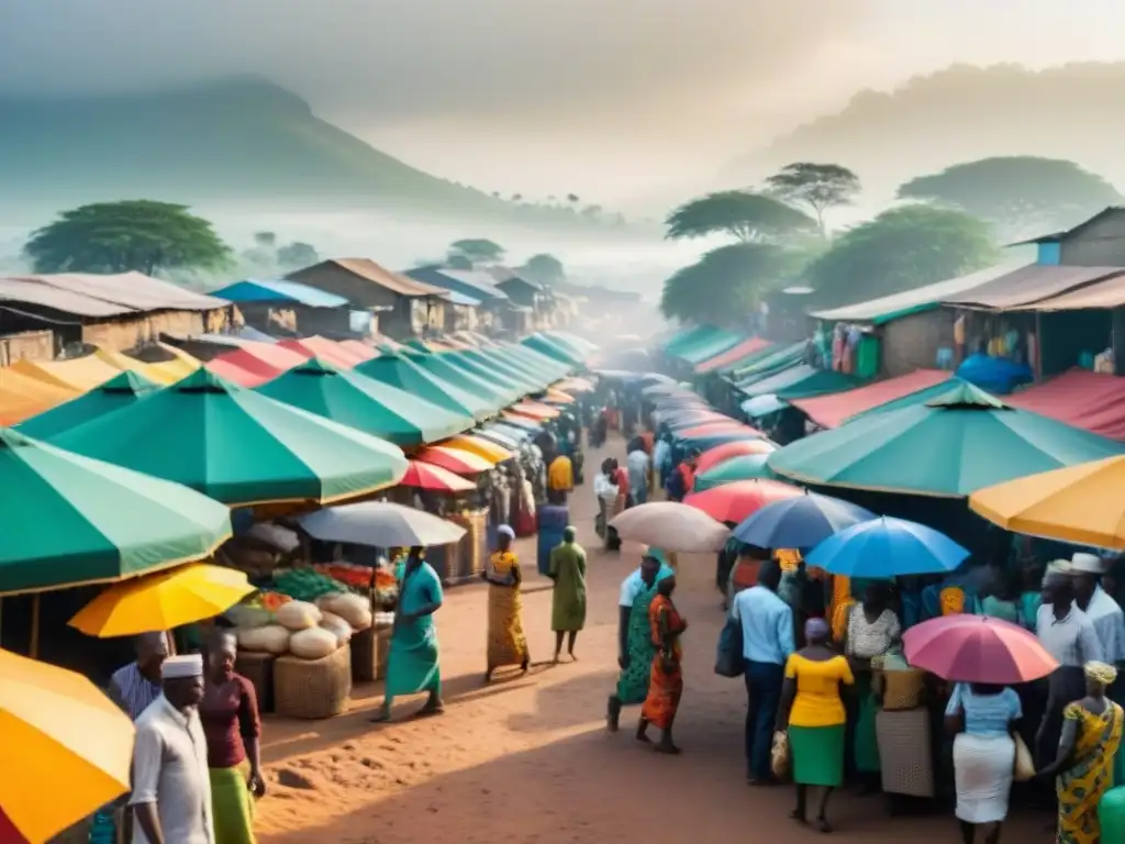 Vibrante mercado africano, comerciantes bajo coloridos paraguas