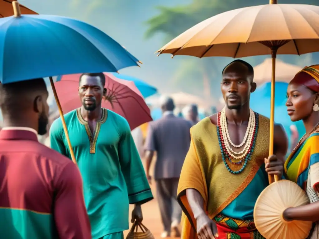 Un vibrante mercado africano que refleja la fusión cultural en civilizaciones africanas, con gente diversa intercambiando bienes y tradiciones