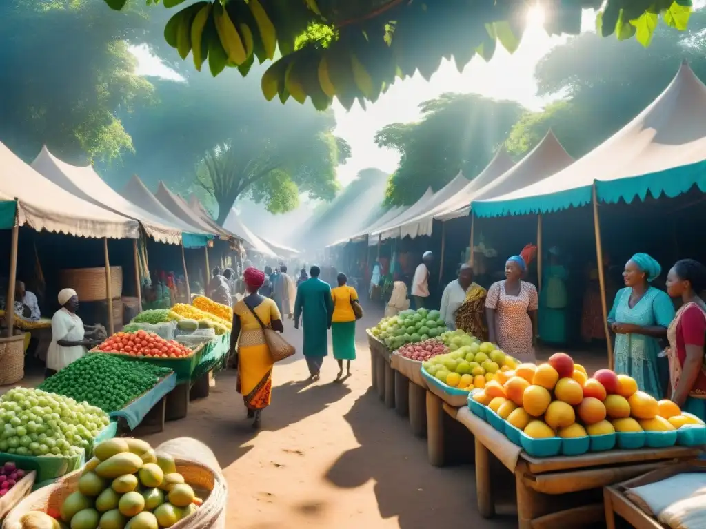 Un vibrante mercado africano en una diáspora, con frutas coloridas y artesanías