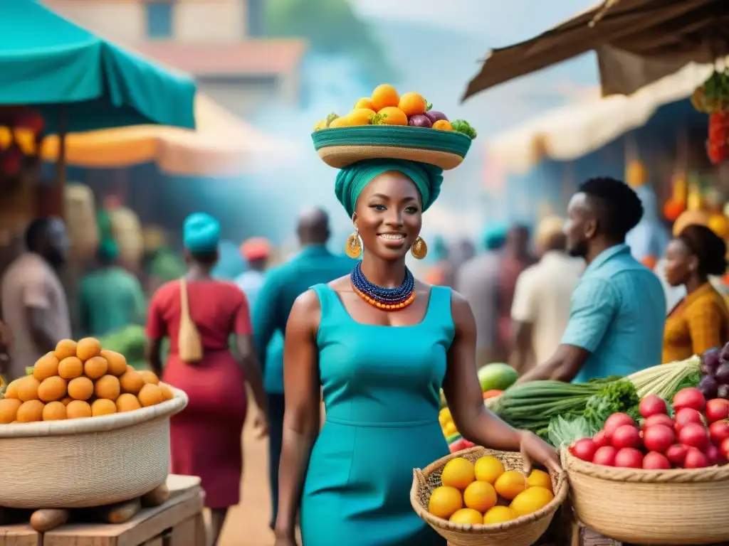 Un vibrante mercado africano refleja la diáspora africana con orgullo étnico, mostrando una escena llena de color y diversidad