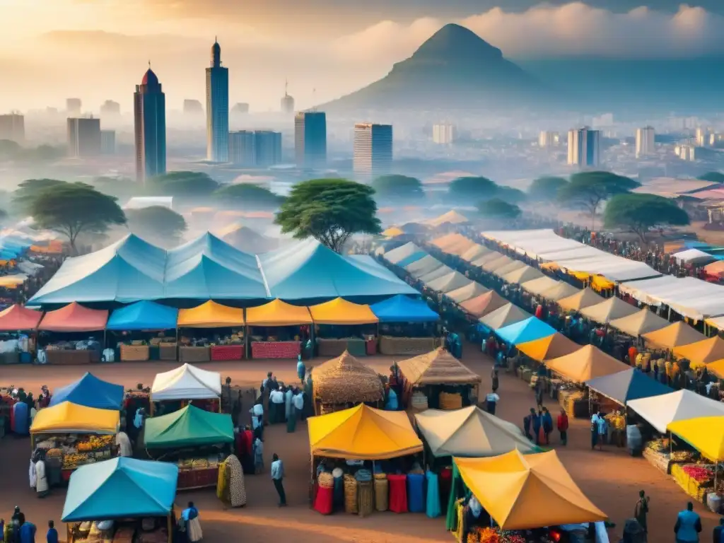 Vibrante mercado africano entre edificios modernos, reflejando la evolución de regulaciones criptomonedas blockchain África