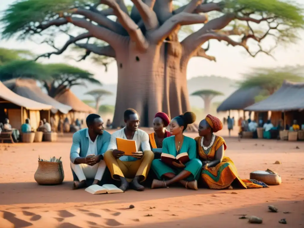 Un vibrante mercado africano donde escritores crean sus joyas literarias bajo un baobab