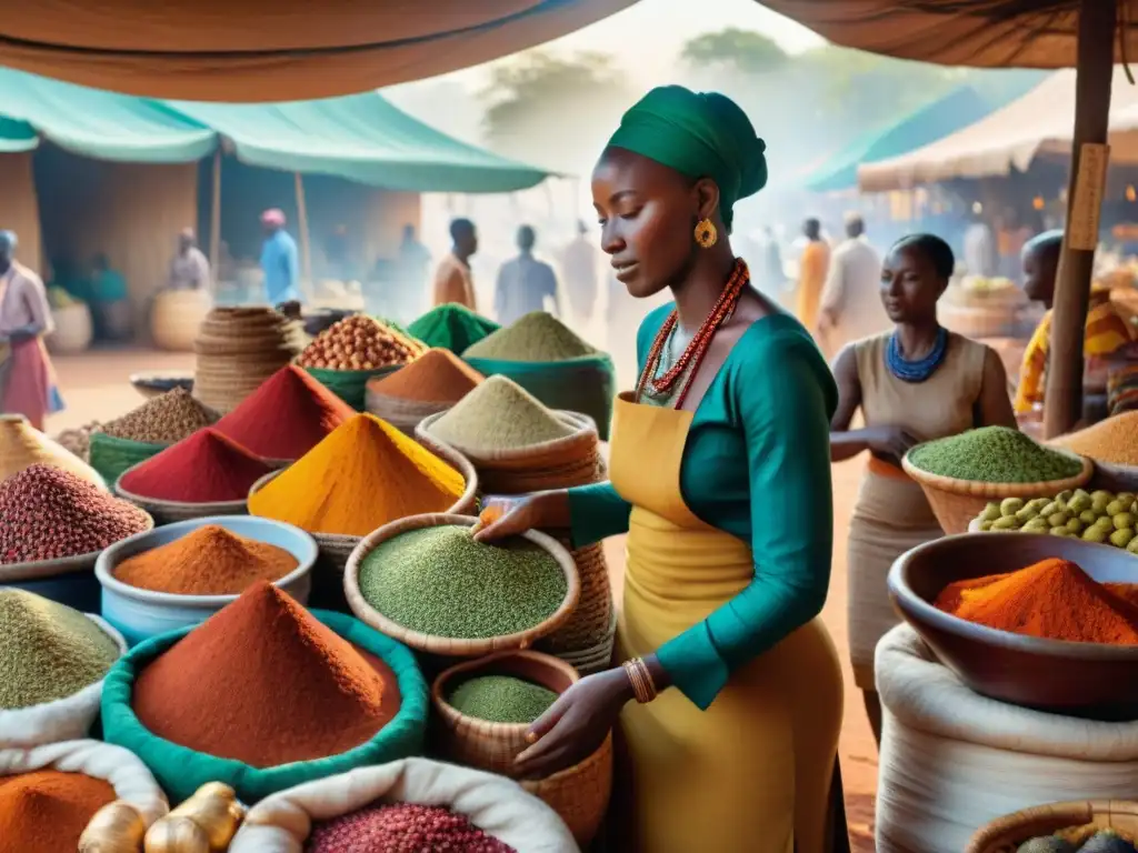 Vibrante mercado africano, con especias y hierbas en cestas tejidas, mujeres negociando bajo el sol