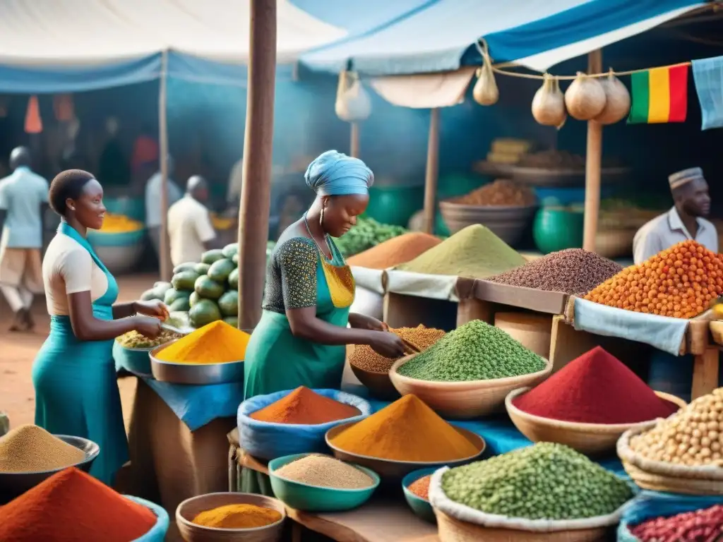 Vibrante mercado africano con especias coloridas, alimentos frescos y platos locales, reflejando la influencia de la gastronomía africana