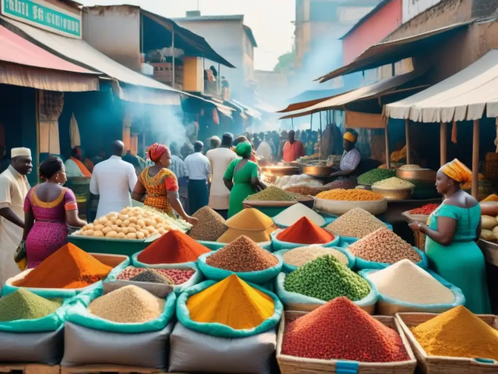 Vibrante mercado africano con especias, frutas frescas y platos tradicionales