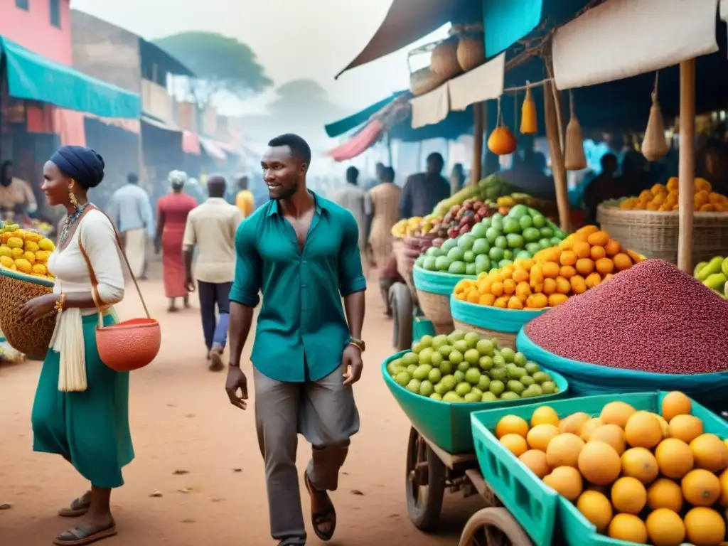 Vibrante mercado africano con exóticas frutas, especias y cestas tejidas