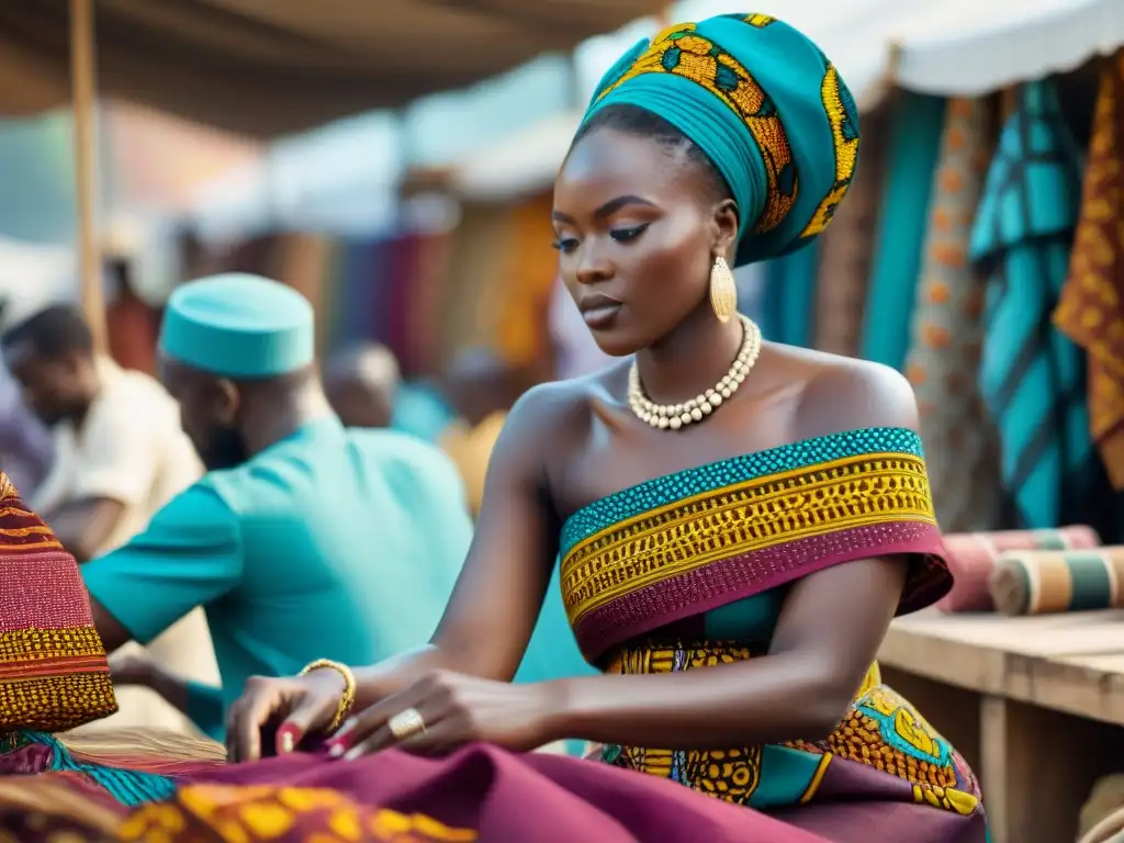 Un vibrante mercado africano donde expertos artesanos de la moda crean prendas de Ankara, resaltando tradición y habilidad en cada puntada