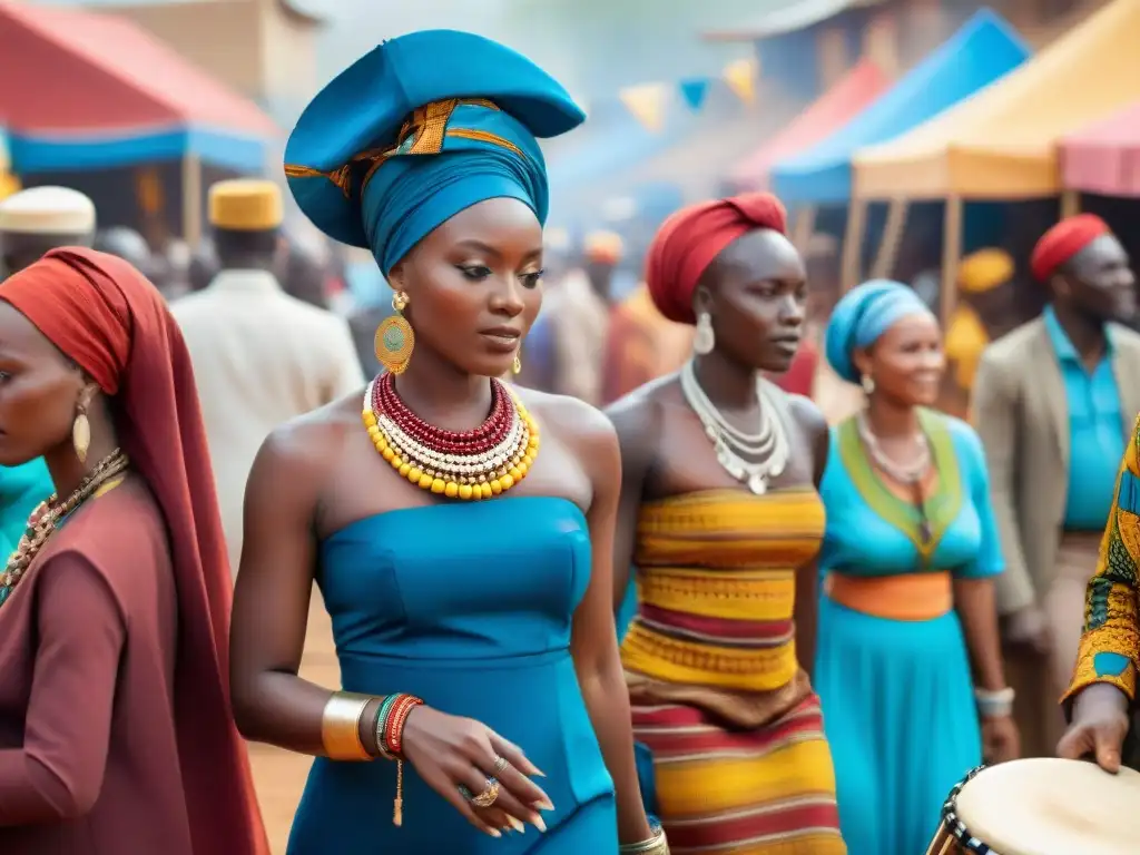 Un vibrante mercado africano durante un festival espiritual, lleno de colores y vida