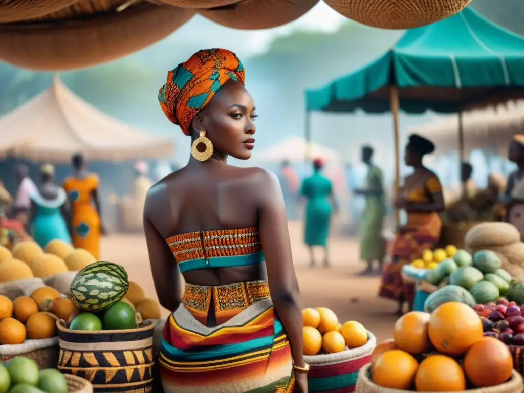 Un vibrante mercado africano durante festividades, mujeres vistiendo trajes coloridos, textiles y accesorios en venta