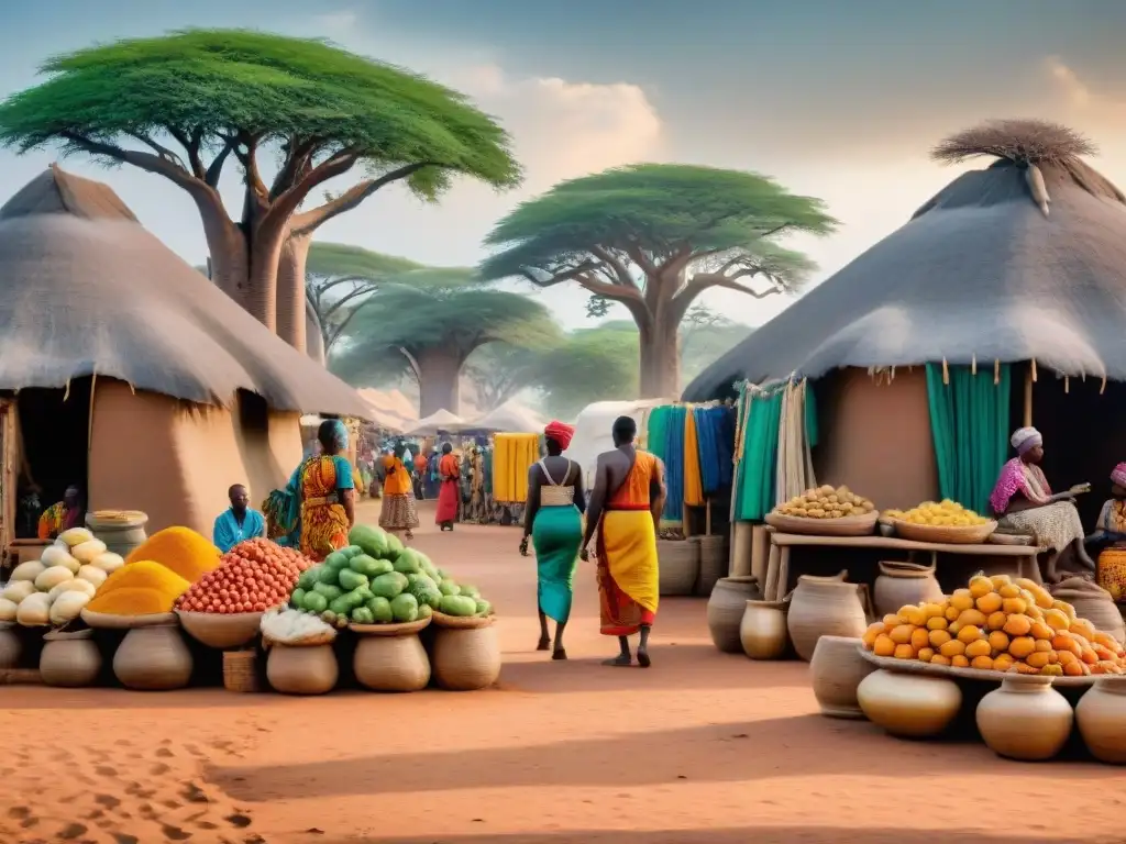 Vibrante mercado africano: colores, artesanías y frutas bajo árboles baobab