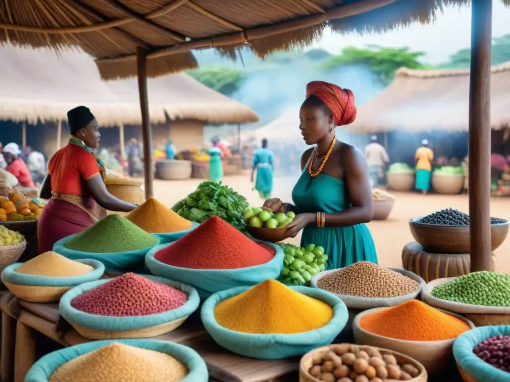 Vibrante mercado africano: frutas, verduras y especias en cestas tejidas