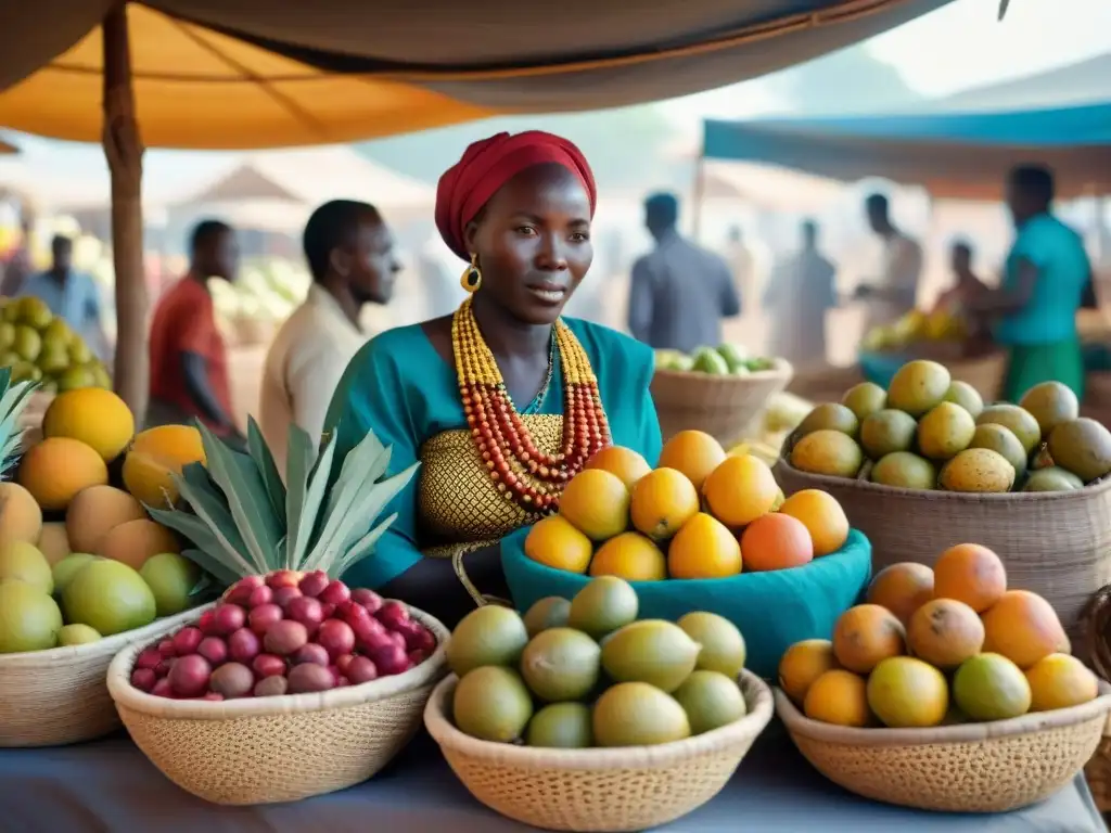 Un vibrante mercado africano con frutas exóticas como baobab y marula, y vendedores locales en un ambiente colorido y tradicional