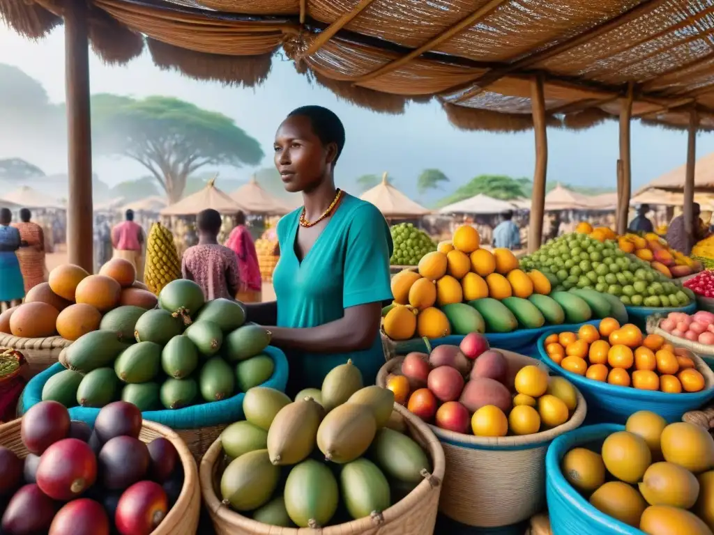 Un vibrante mercado africano con frutas exóticas y vendedores locales en tradicionales atuendos