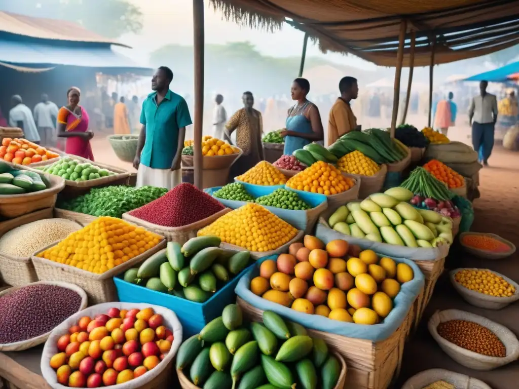 Vibrante mercado africano con frutas y verduras coloridas bajo el cálido sol