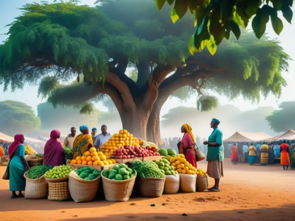 Un vibrante mercado africano con frutas, verduras y especias coloridas