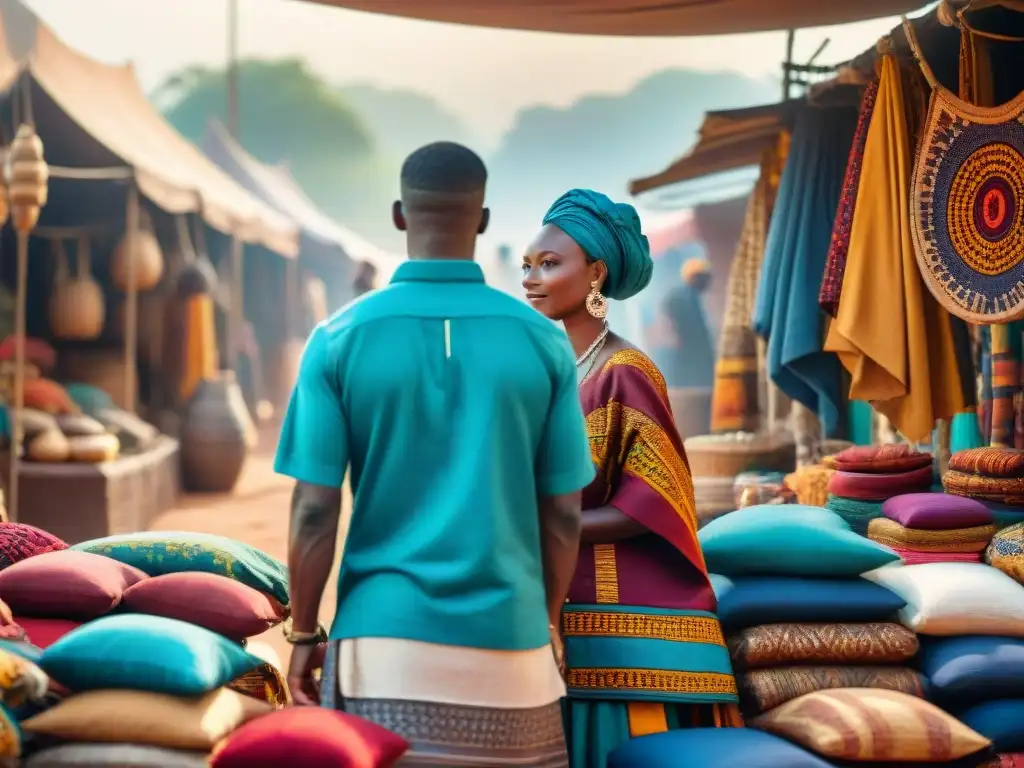 Un vibrante mercado africano, fusiones culturales en civilizaciones africanas, colores y texturas llenan la escena