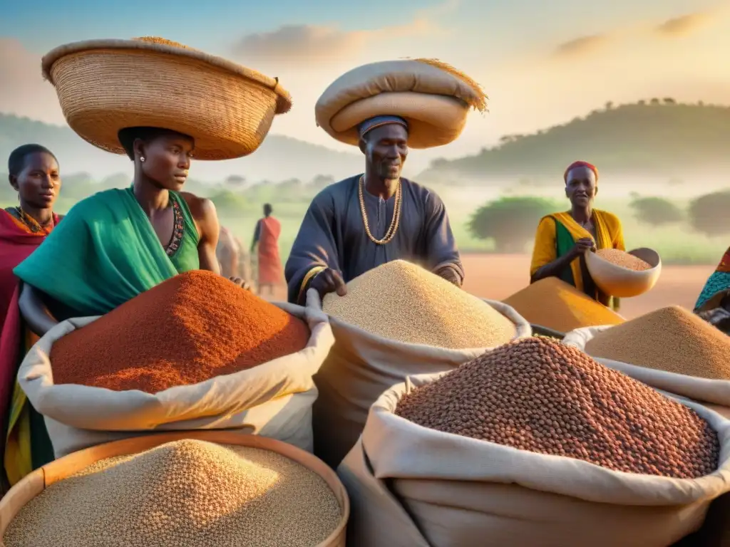 Un vibrante mercado africano con granos antiguos en patrones coloridos, reflejando la nutrición moderna