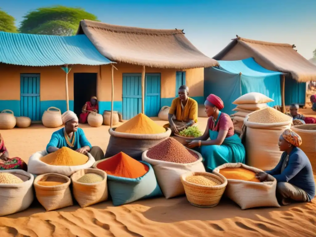 Un vibrante mercado africano con granos antiguos en coloridas bolsas y cestas, vendedores y clientes interactuando bajo el cálido sol