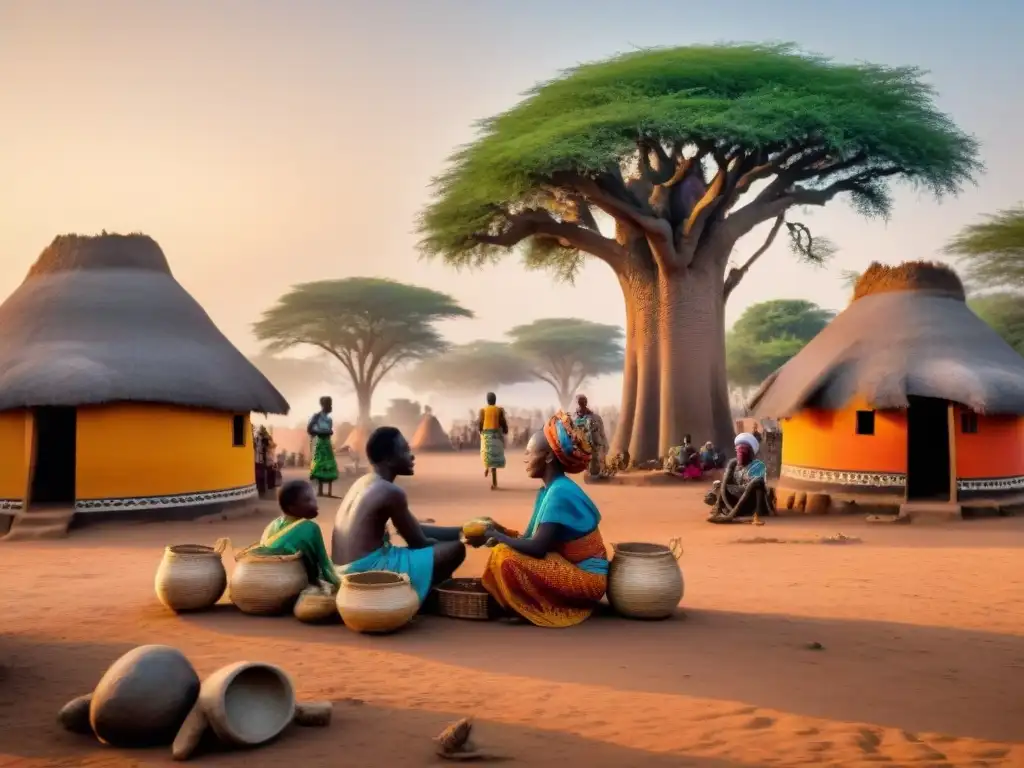 Un vibrante mercado africano al amanecer, con habitantes locales en coloridos atuendos, niños jugando y mujeres llevando frutas en la cabeza