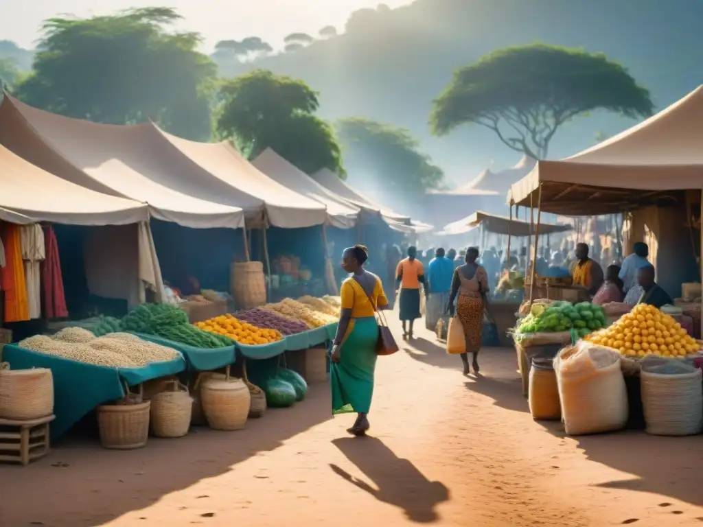 Vibrante mercado africano resalta la importancia del comercio en África con coloridas artesanías y alimentos frescos