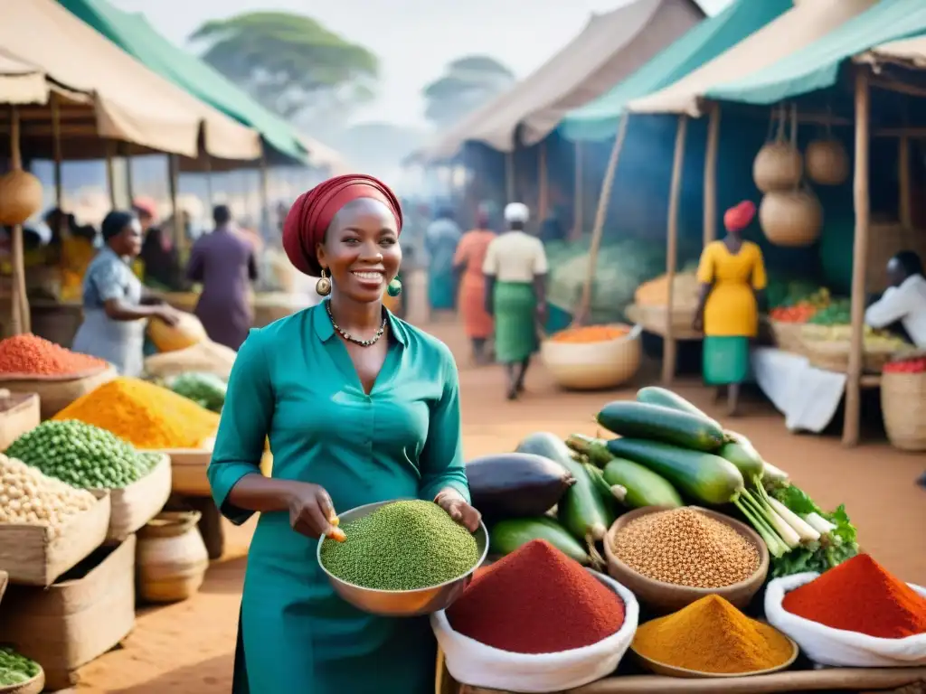 Vibrante mercado africano con influencia gastronómica: coloridas frutas, especias y trajes tradicionales en escena comunitaria auténtica