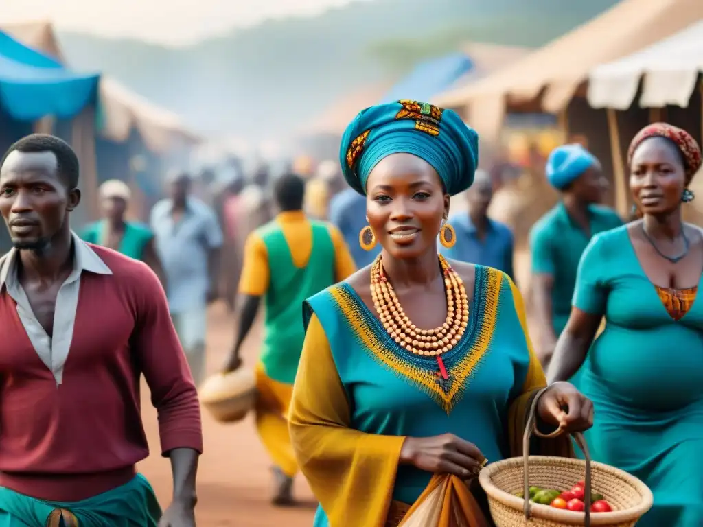 Vibrante mercado africano con influencia de movimientos políticos en la cultura, colores tradicionales y artesanías hechas a mano