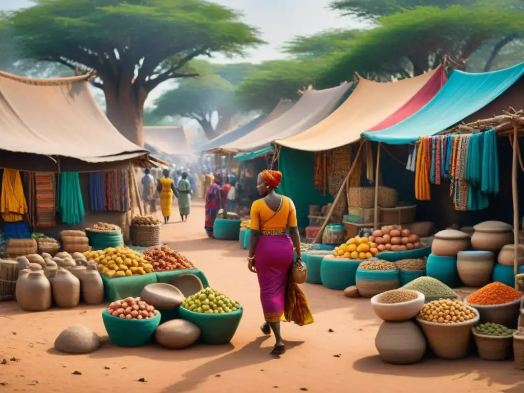 Vibrante mercado africano con influencia en entretenimiento, textiles coloridos y artesanías hechas a mano, bajo la sombra de baobabs