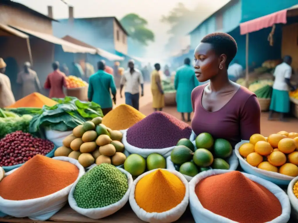 Un vibrante mercado africano con ingredientes saludables influyendo en dietas globales