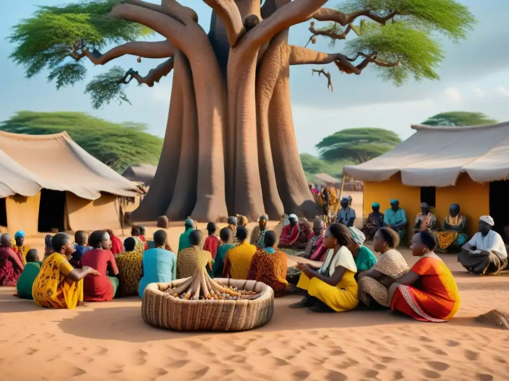 Un vibrante mercado africano con jóvenes escuchando historias bajo un baobab