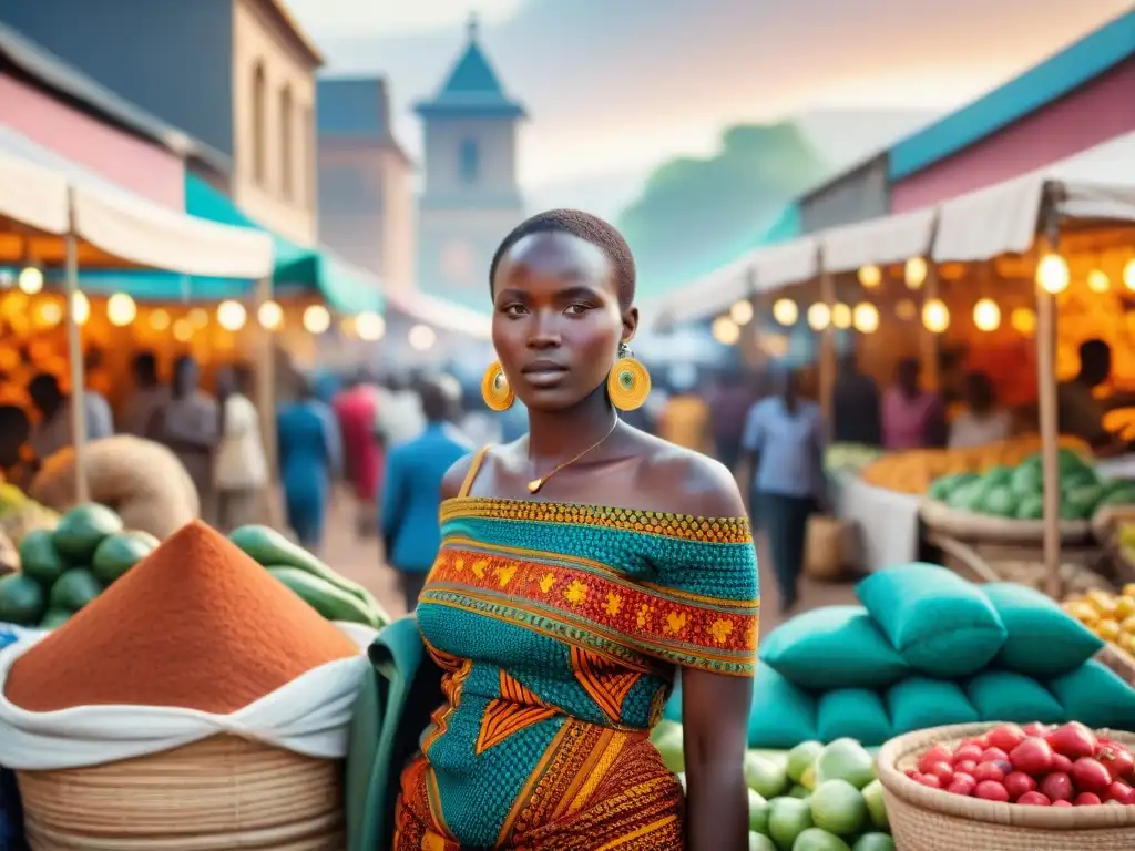 Un vibrante mercado africano lleno de vida y color reflejando la influencia global multicultural de las civilizaciones africanas