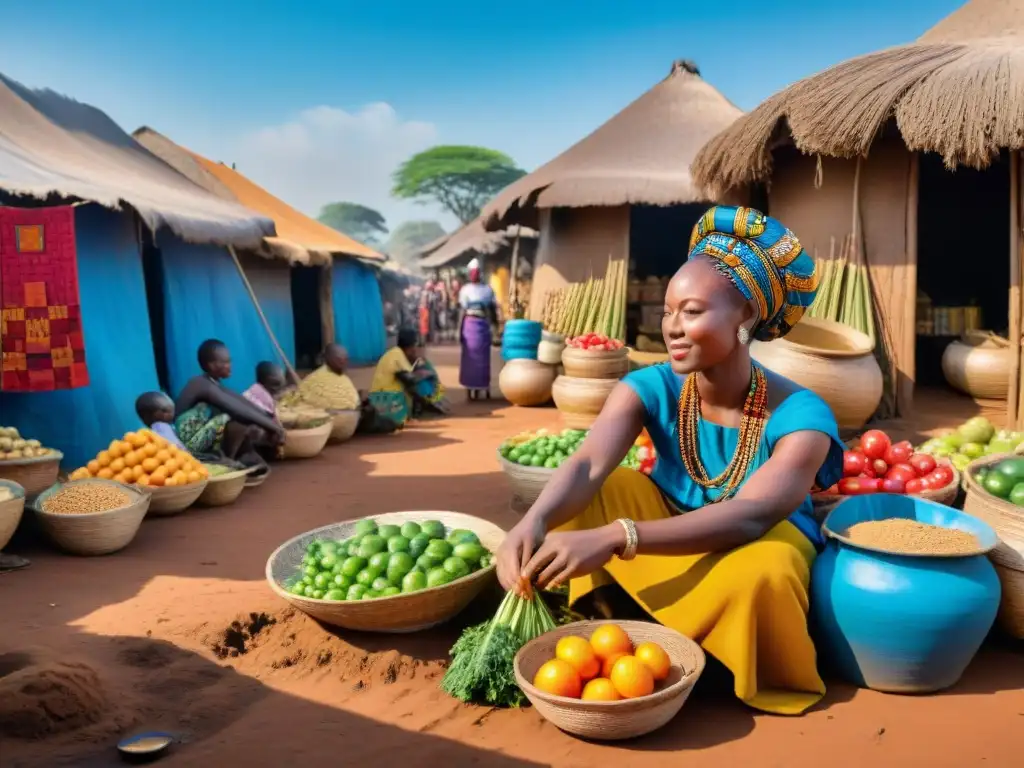 Un vibrante mercado africano, lleno de vida y color, donde la influencia de las civilizaciones africanas se refleja en cada rincón