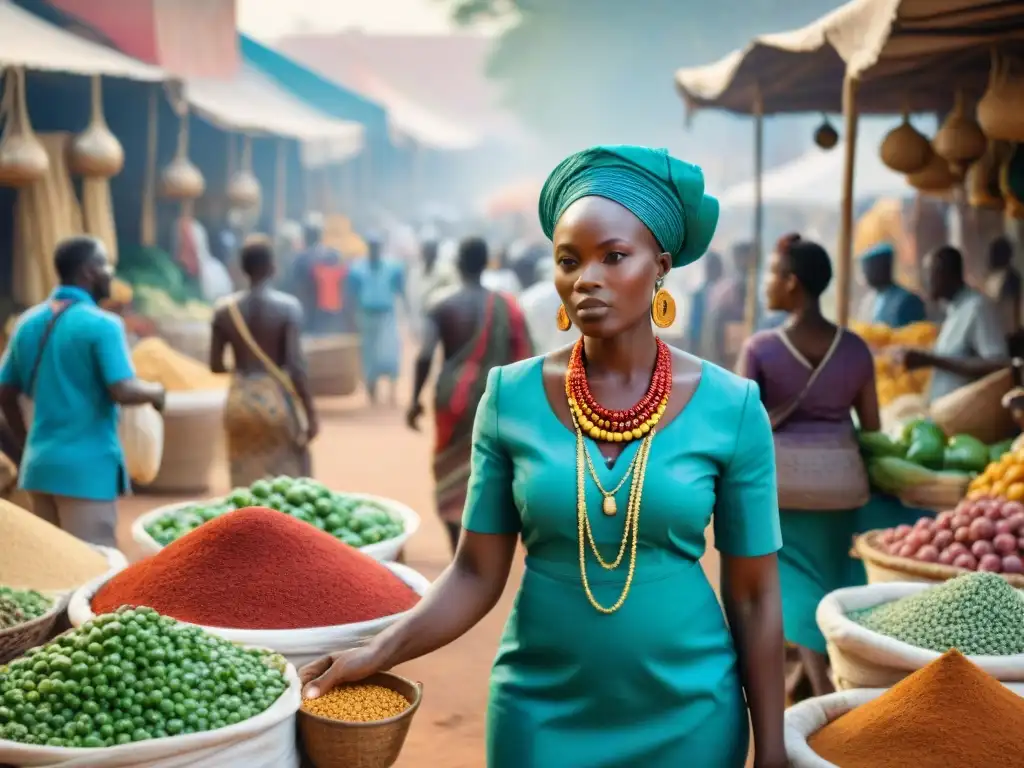 Un vibrante mercado africano, lleno de colores y productos diversos, reflejando el comercio en civilizaciones africanas