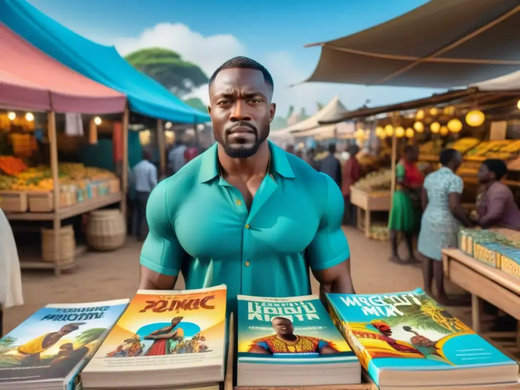 Un vibrante mercado africano lleno de cómics y novelas gráficas, reflejando civilizaciones africanas en cómics