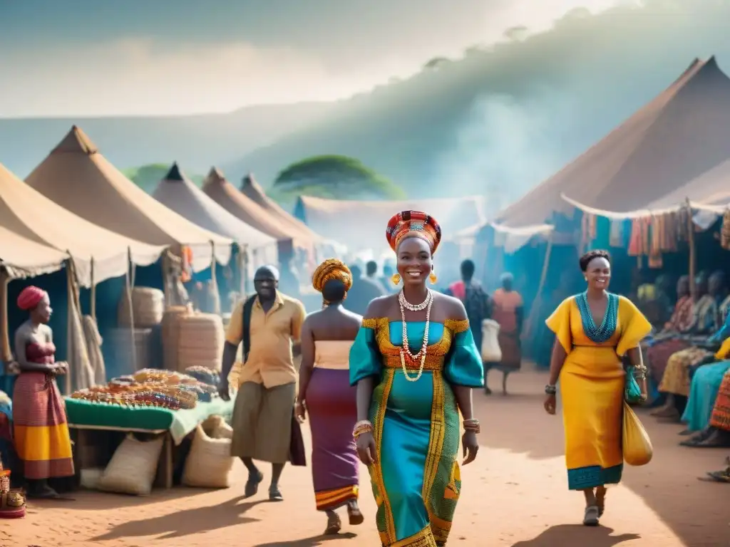 Un vibrante mercado africano lleno de vida y color, reflejando la diversidad histórica, civilizaciones africanas e influencia cultural