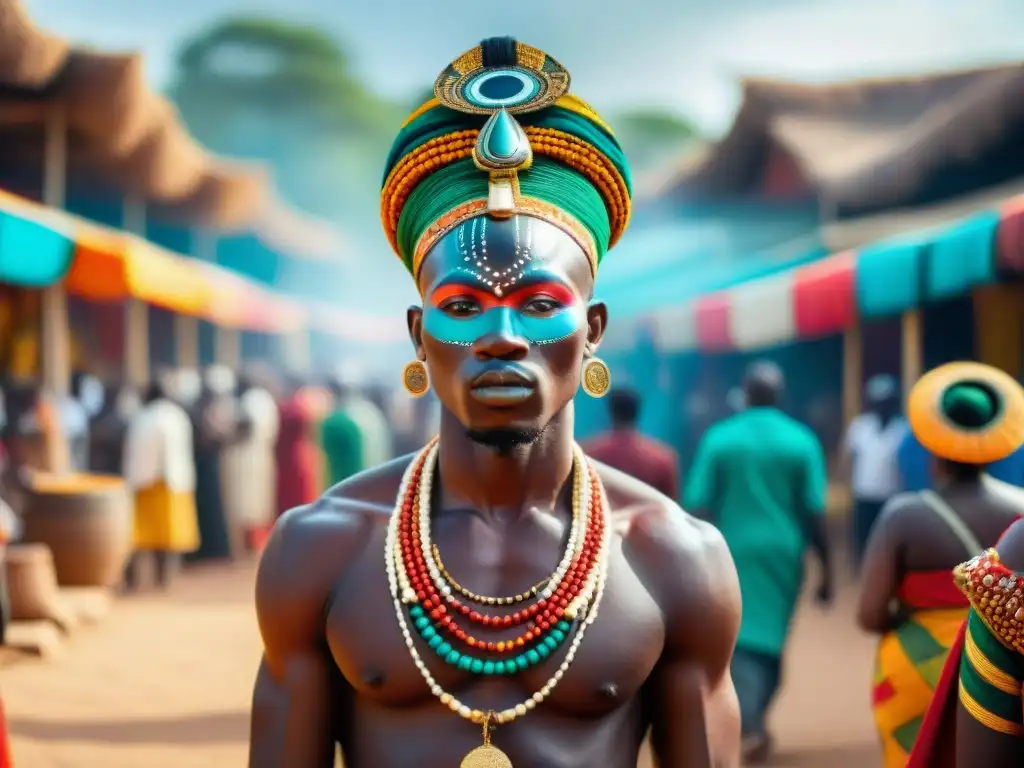 Un vibrante mercado africano con mezclas religiosas africanas sincretismo enmascarado en rituales y danzas tradicionales