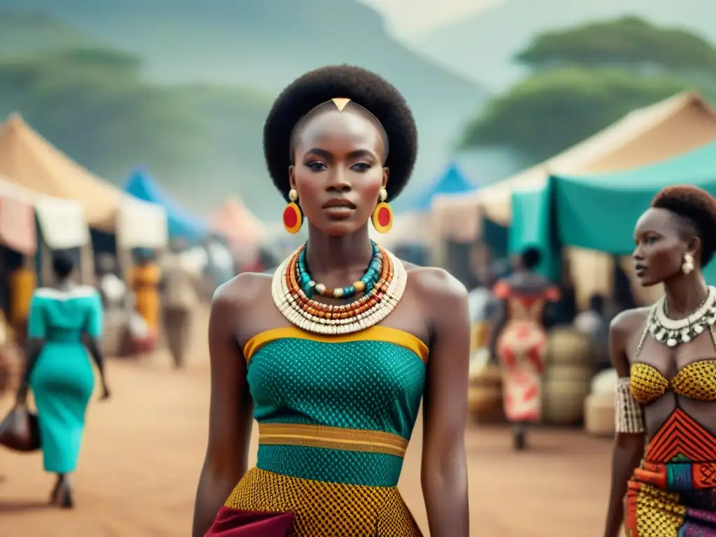 Un vibrante mercado africano con moda vintage y coloridos textiles, reflejando la influencia de África en moda vintage