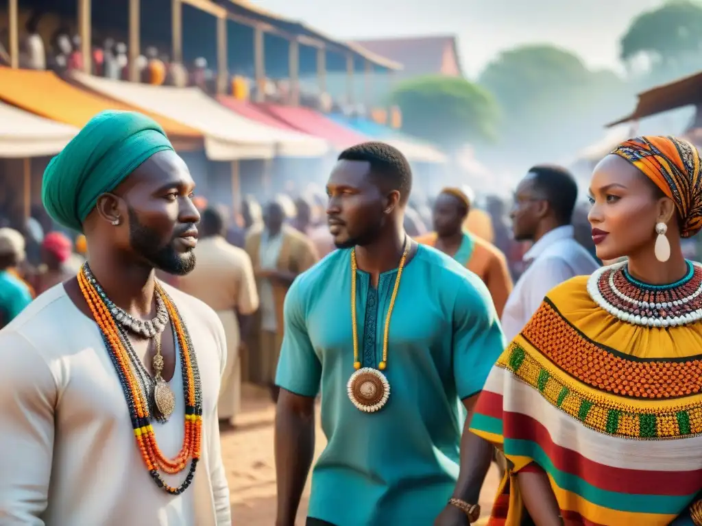 Vibrante mercado africano con moda tradicional y festiva, reflejando la influencia de las festividades africanas