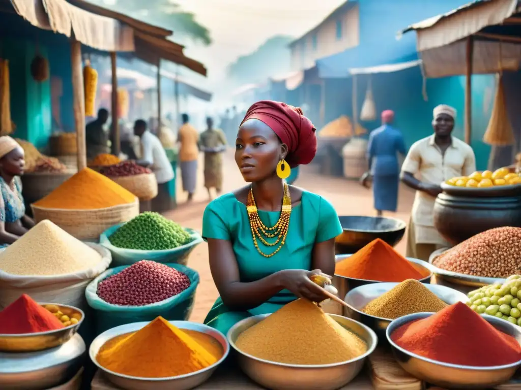 Vibrante mercado africano en reino del oeste, mujeres en atuendos tradicionales regateando