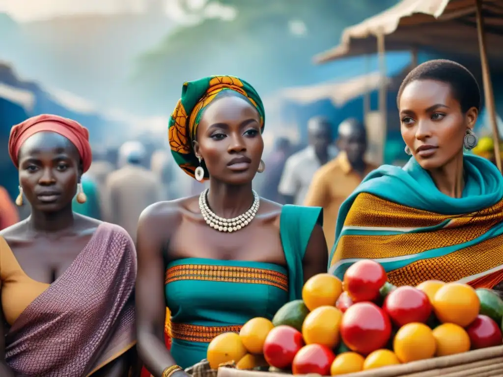 Mercado vibrante: Mujeres africanas en comercio diverso Un vibrante mercado africano donde mujeres lideran intercambios comerciales